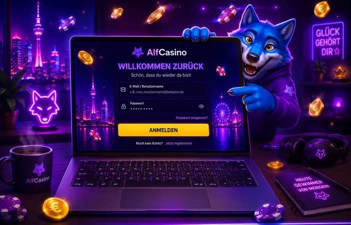 AlfCasino Login Maske auf dem Desktop